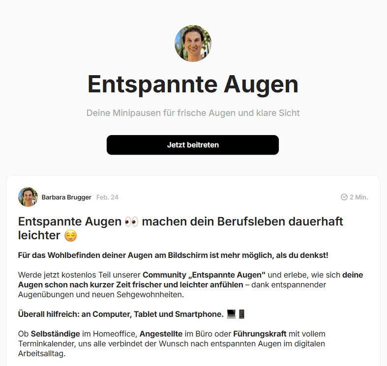Auf diesem Bild sieht man den Header der Landingpage **Entspannte Augen** – deine Mini‑Pausen für frische Augen und klare Sicht.

Unterhalb schreibt Barbara Brucker, dass entspannte Augen dein Berufsleben dauerhaft leichter machen. Dabei werden weitere Nutzen genannt, wie:

- das Wohlbefinden der Augen  
- die Frische der Augen nach kurzer Zeit  

