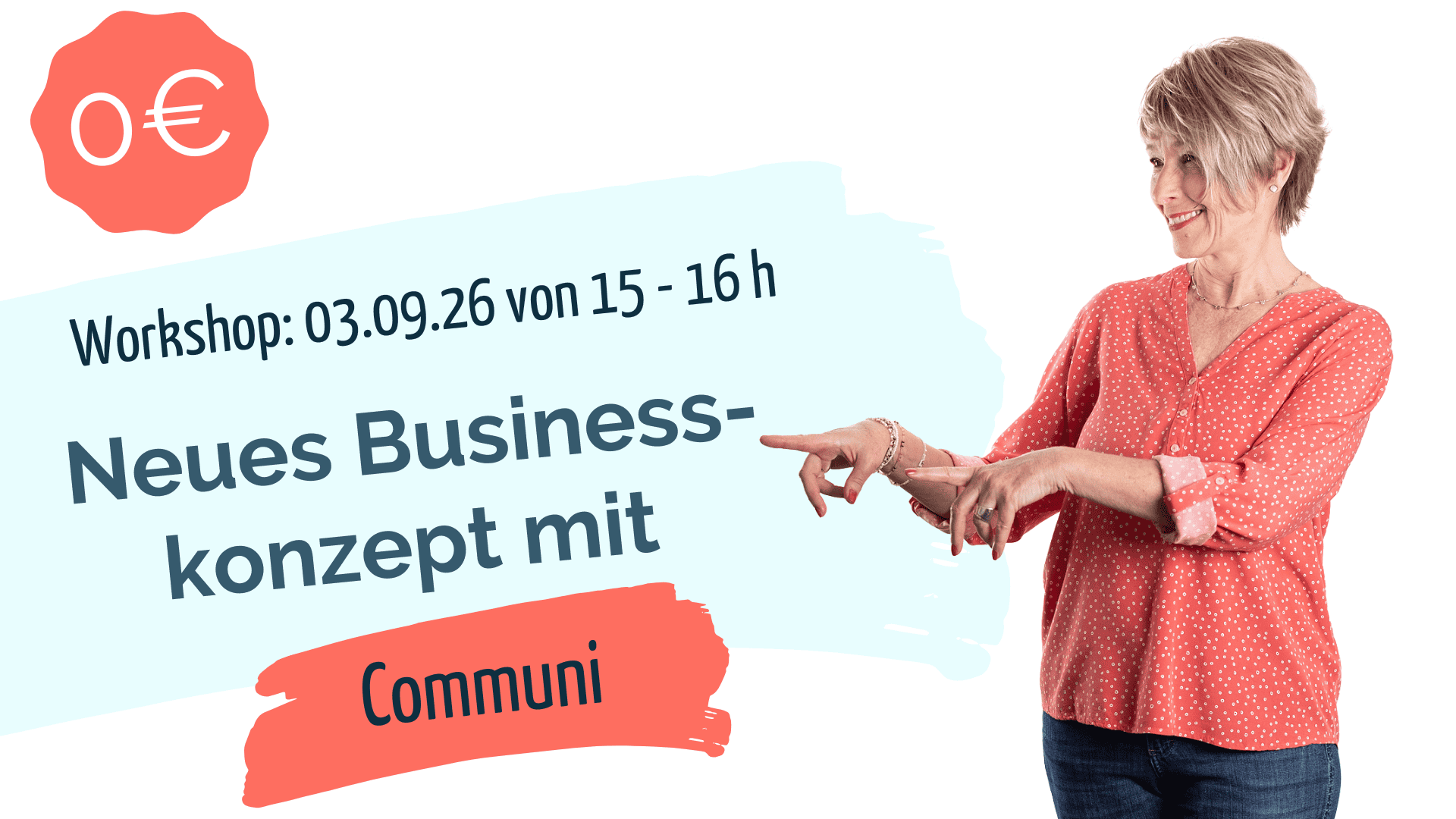 Sabine Piarry zeigt auf Bannerbild "Neues Businesskonzept mit Communi"