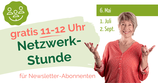 Sabine Piarry lächelnd mit offenen Händen vor dem Bannerbild "Netzwerk-Stunde" gratis von 11-12 Uhr für Newsletter-Abonnenten