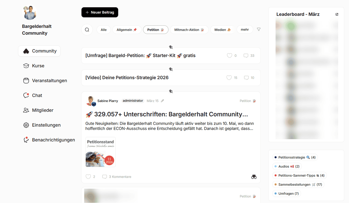 Hier siehst du einen Screenshot vom Community‑Bereich von Communi. Oben sind Kategorien wie Alles, Allgemein, Petition, Mitmach-Aktion etc. für eine klare Struktur abgebildet und darunter sind angeheftete Pins zu sehen, die immer oben in der jeweiligen Kategorie gut sichtbar sein sollen. 