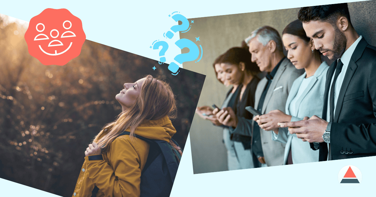 Im Beitragsbild sieht man zwei Bilder auf hellblauem Hintergrund. Links ist eine Frau in der Natur mit geschlossenen Augen zu sehen, ganz entspannt, die Natur genießend. Rechts eine Gruppe von Menschen, die jeweils auf ihr eigenes Handy schauen und komplett mit sich allein beschäftigt sind. Dazwischen gibt es drei Fragezeichen.